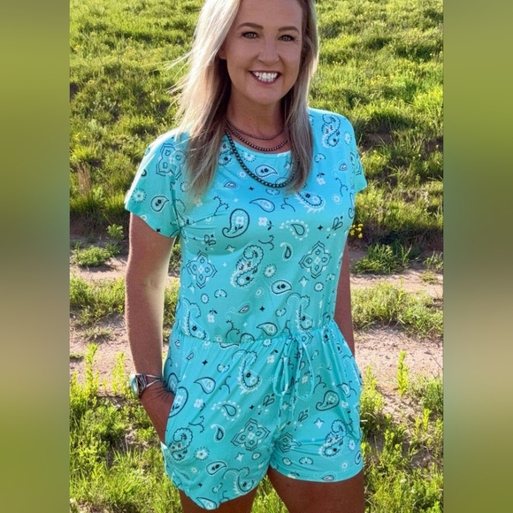 Turquoise Paisley Bandana Print Romper - Picture 1 of 4